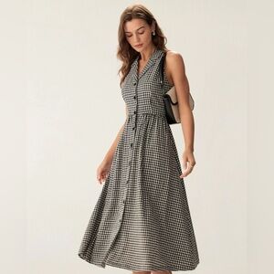 Rihoas Black Plaid Sleeveless Button Midi Dress